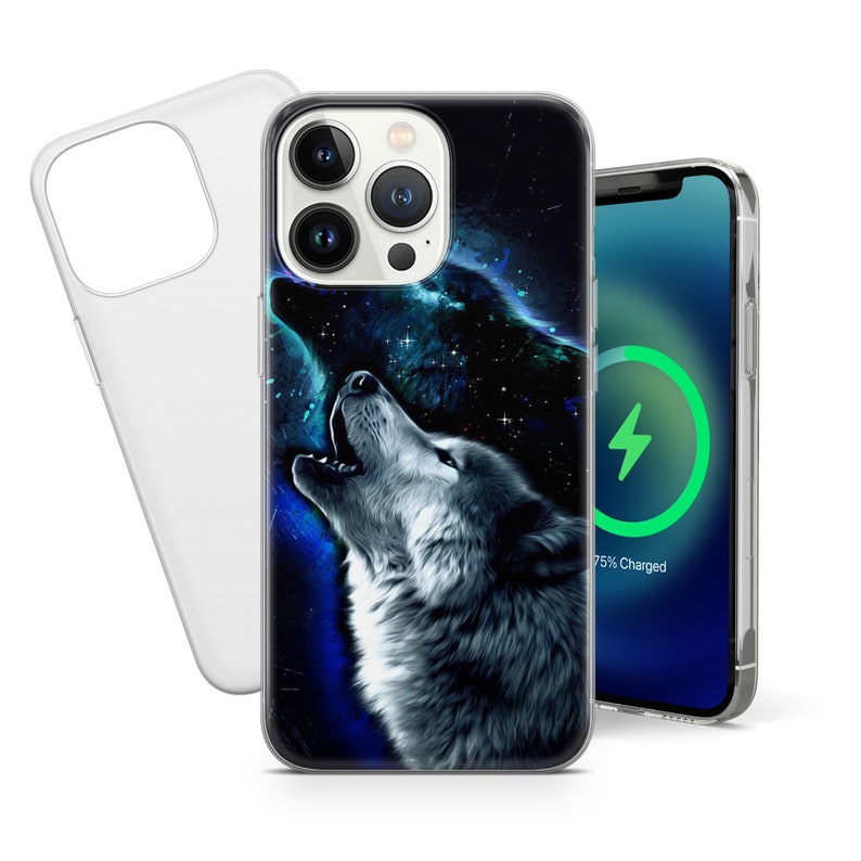 May include: A clear phone case with a design of two wolves howling at the moon in a galaxy setting. The case is compatible with an iPhone 13 Pro Max.