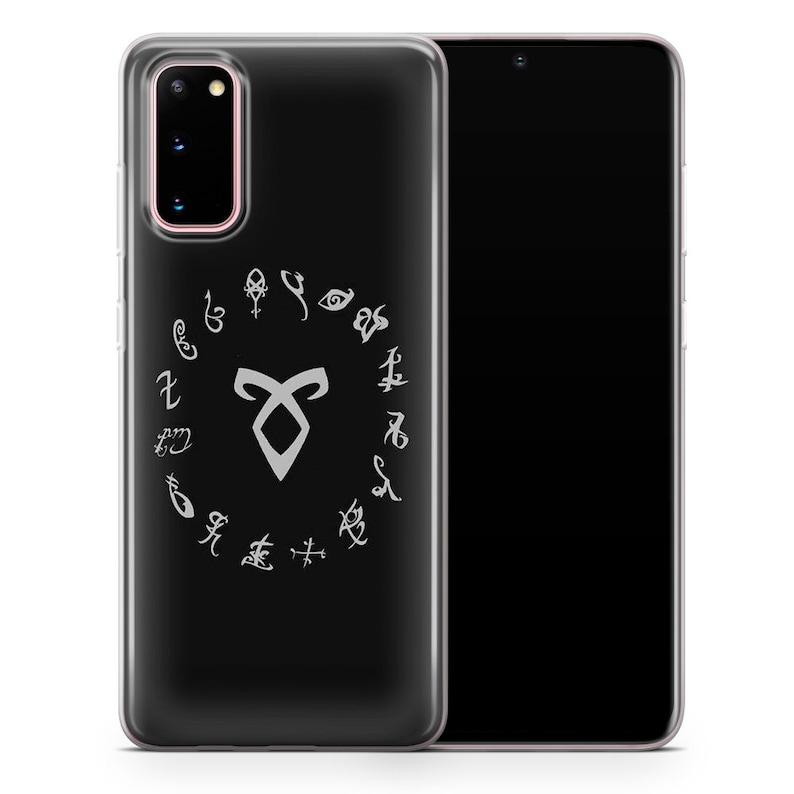 May include: A clear phone case with a black background and a white design. The design features a circle of runes from the book series "The Mortal Instruments" surrounding the symbol of the Institute.