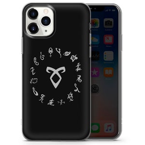 May include: Black phone case with a white symbol and a circle of runes around it.
