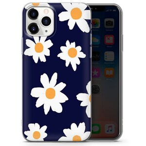 May include: A clear phone case with a navy blue background and a white daisy pattern. The case is designed for an iPhone.