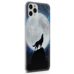 May include: A clear phone case with a wolf howling at the moon in a starry night sky. The moon is large and white, and the wolf is black.