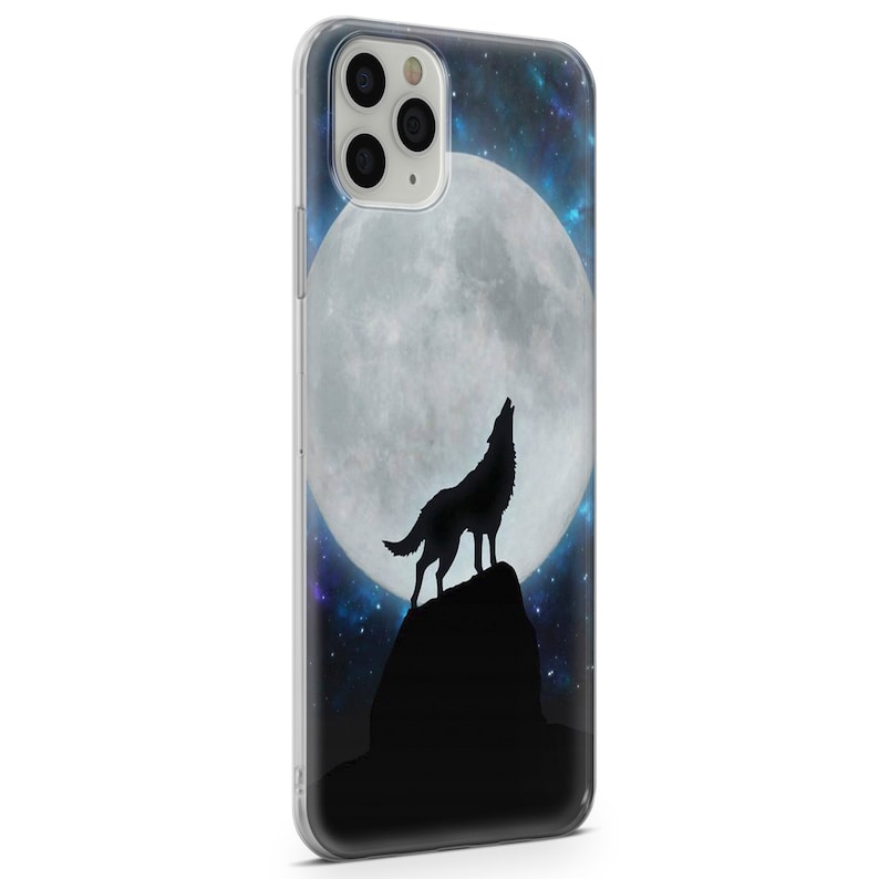 May include: A clear phone case with a wolf howling at the moon in a starry night sky. The moon is large and white, and the wolf is black.