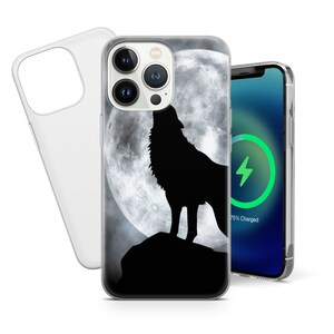 May include: A clear phone case with a black wolf silhouette howling at a full moon. The moon is white and gray with a dark gray background. The case is designed for an iPhone with a camera bump.