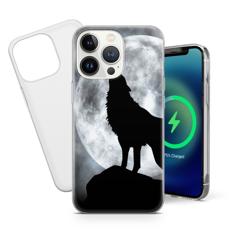 May include: A clear phone case with a black wolf silhouette howling at a full moon. The moon is white and gray with a dark gray background. The case is designed for an iPhone with a camera bump.
