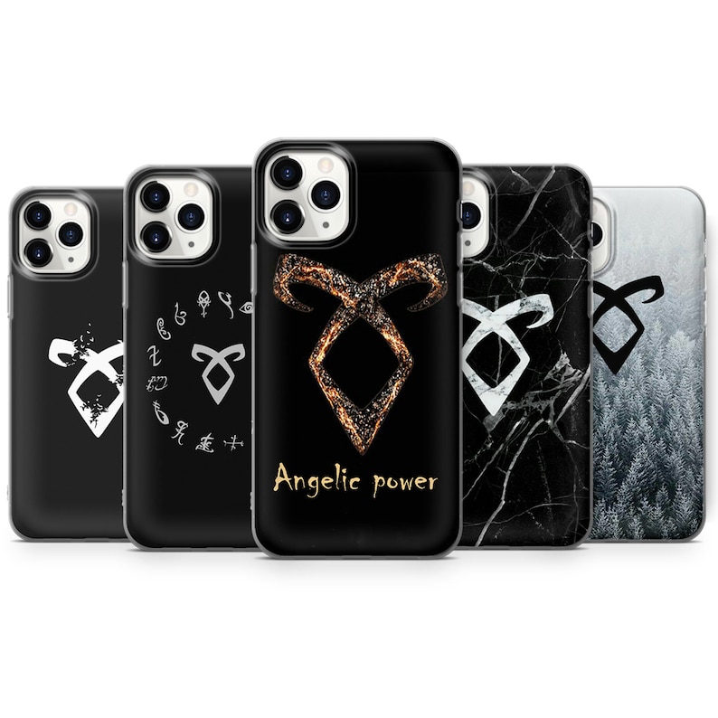 May include: Five different phone cases featuring a black and white symbol with the text "Angelic power". The symbol is a stylized rune with a flame-like design. The cases are black, white marble, and a dark forest scene.