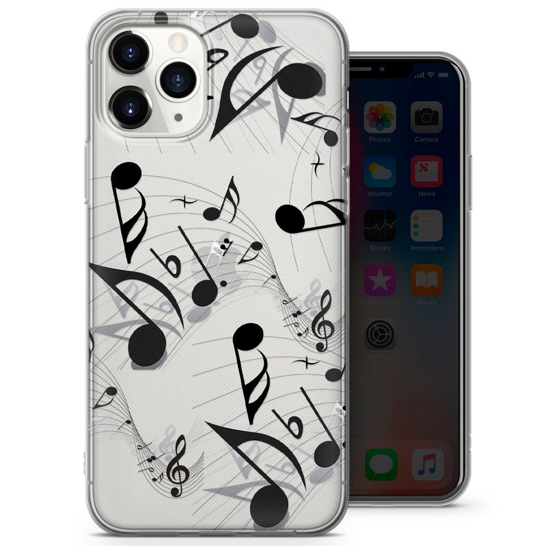 Pu&ograve; includere: Una custodia per telefono trasparente con un design di note musicali in bianco e nero. La custodia &egrave; progettata per un iPhone.