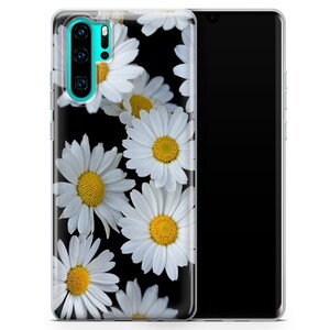 May include: A clear phone case with a black background and white daisies printed on it.