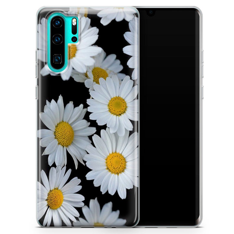 May include: A clear phone case with a black background and white daisies printed on it.