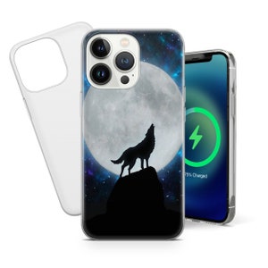 May include: A clear phone case with a black wolf howling at the moon in a starry night sky. The moon is large and white, and the stars are small and blue. The case is designed for an iPhone 14 Pro Max.