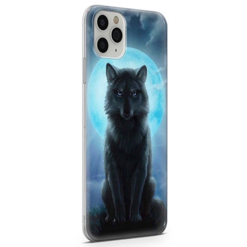 May include: A black wolf sits in front of a blue moon. The wolf has a serious expression and is looking directly at the viewer. The background is a dark blue with clouds.