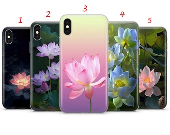May include: Five different phone cases with a pink lotus flower design. The cases are all clear and show the phone's color through the design. The lotus flowers are in different positions on each case.