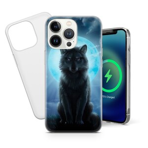 May include: A clear phone case with a black wolf howling at the moon. The moon is blue and the background is a dark blue sky with clouds. The phone case is designed for an iPhone 14 Pro Max.