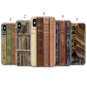 May include: Five different phone cases featuring a book theme. Each case showcases a unique design of books, including a bookshelf, a stack of books, and a collection of vintage books. The cases are all made from clear plastic and have a glossy finish.