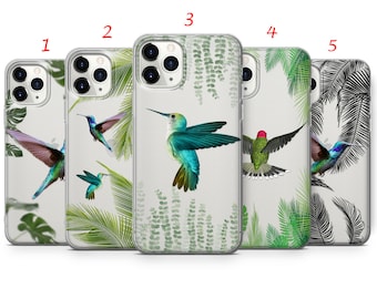 Cover trasparente per telefono con colibrì tropicale, motivo floreale e uccelli.