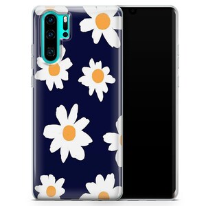 May include: A navy blue phone case with a white daisy pattern. The case is made of clear plastic and has a raised edge to protect the phone's screen.