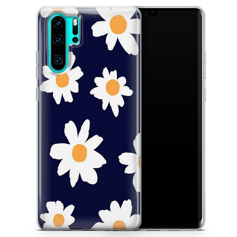 May include: A navy blue phone case with a white daisy pattern. The case is made of clear plastic and has a raised edge to protect the phone's screen.