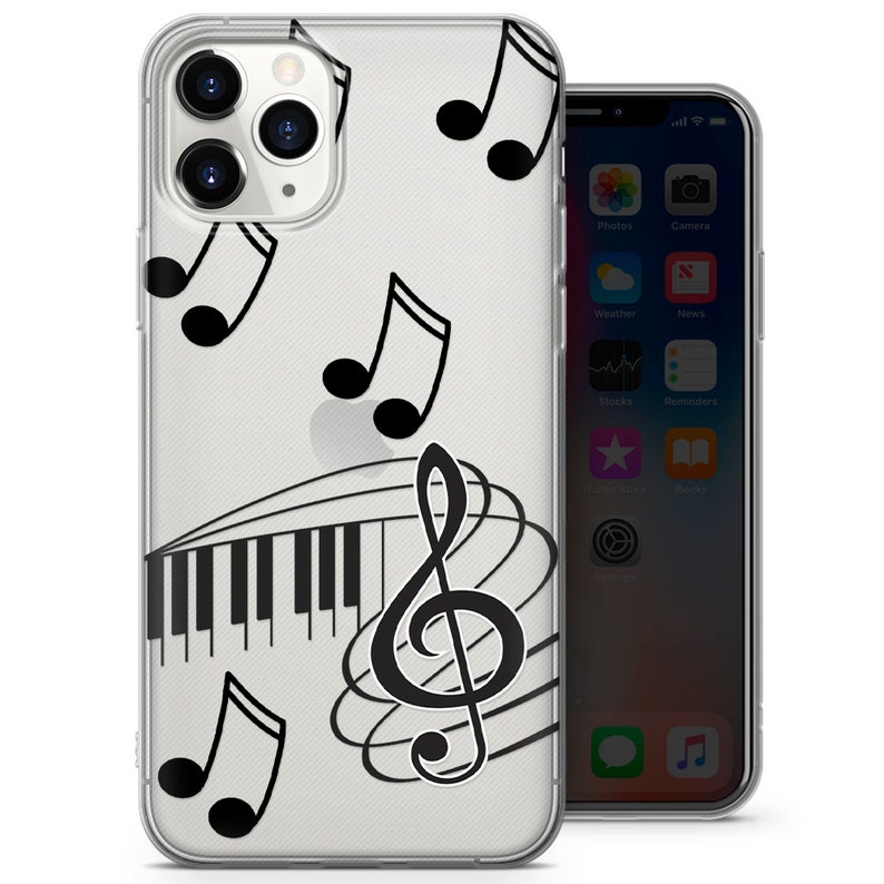 Pu&ograve; includere: Una custodia per telefono trasparente con un design musicale in bianco e nero. Il design presenta una chiave di violino, tasti di pianoforte e note musicali.