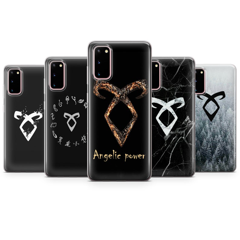 May include: Set of five phone cases featuring the angelic power symbol from the Shadowhunters series. The cases are black with different designs, including a white symbol, a gold symbol, a marble design, and a forest design.