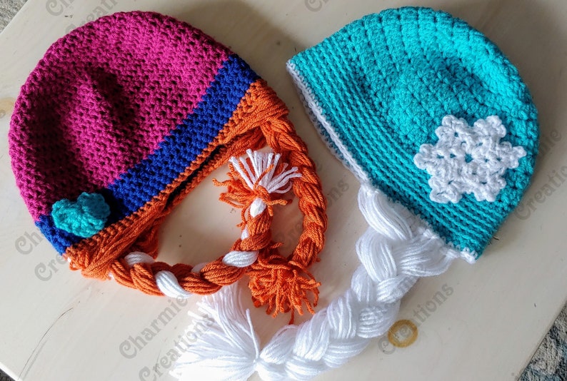 sold individually or as same size pairs Anna and Elsa inspired beanies