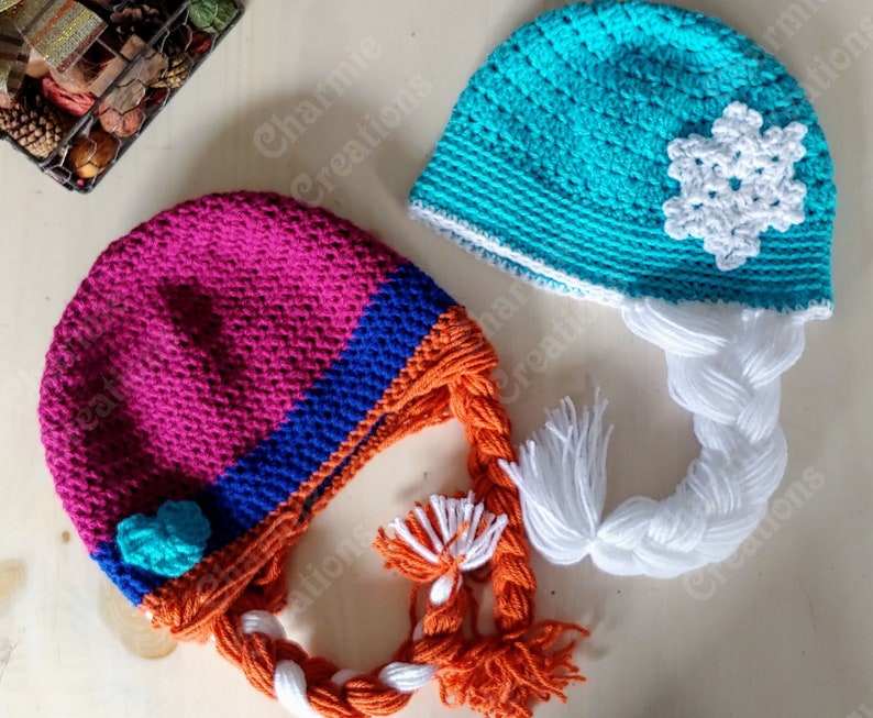 sold individually or as same size pairs Anna and Elsa inspired beanies