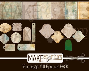 Navidad Vintage Steampunk fondos imprimibles, sobres, paquete de etiquetas: vacaciones, diario basura, papel, álbum de recortes, descarga digital instantánea