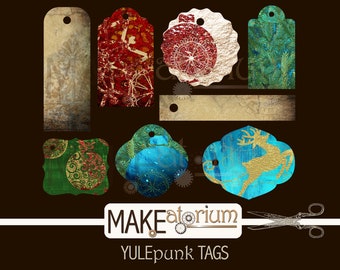 Navidad Steampunk Etiquetas imprimibles: Vacaciones, envoltura de regalo, diario de basura, papel, álbum de recortes, artesanía, descarga digital instantánea