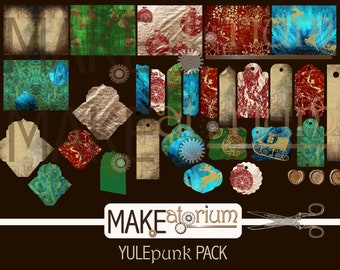 Navidad Steampunk Fondos imprimibles, Sobres, Paquete de etiquetas: Vacaciones, diario basura, papel, álbum de recortes, artesanía, descarga digital instantánea