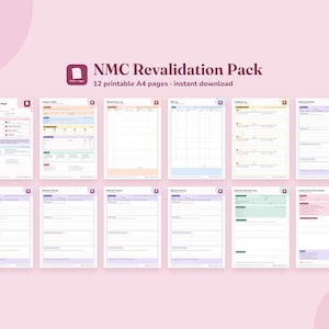 Może przedstawiać: Zestaw 12 stron A4 do druku pod tytułem NMC Revalidation Pack, zawierający różne dzienniki śledzenia, formularze refleksji i listy kontrolne z sekcjami oznaczonymi kolorami w odcieniach niebieskiego, żółtego, fioletowego, zielonego i różowego.