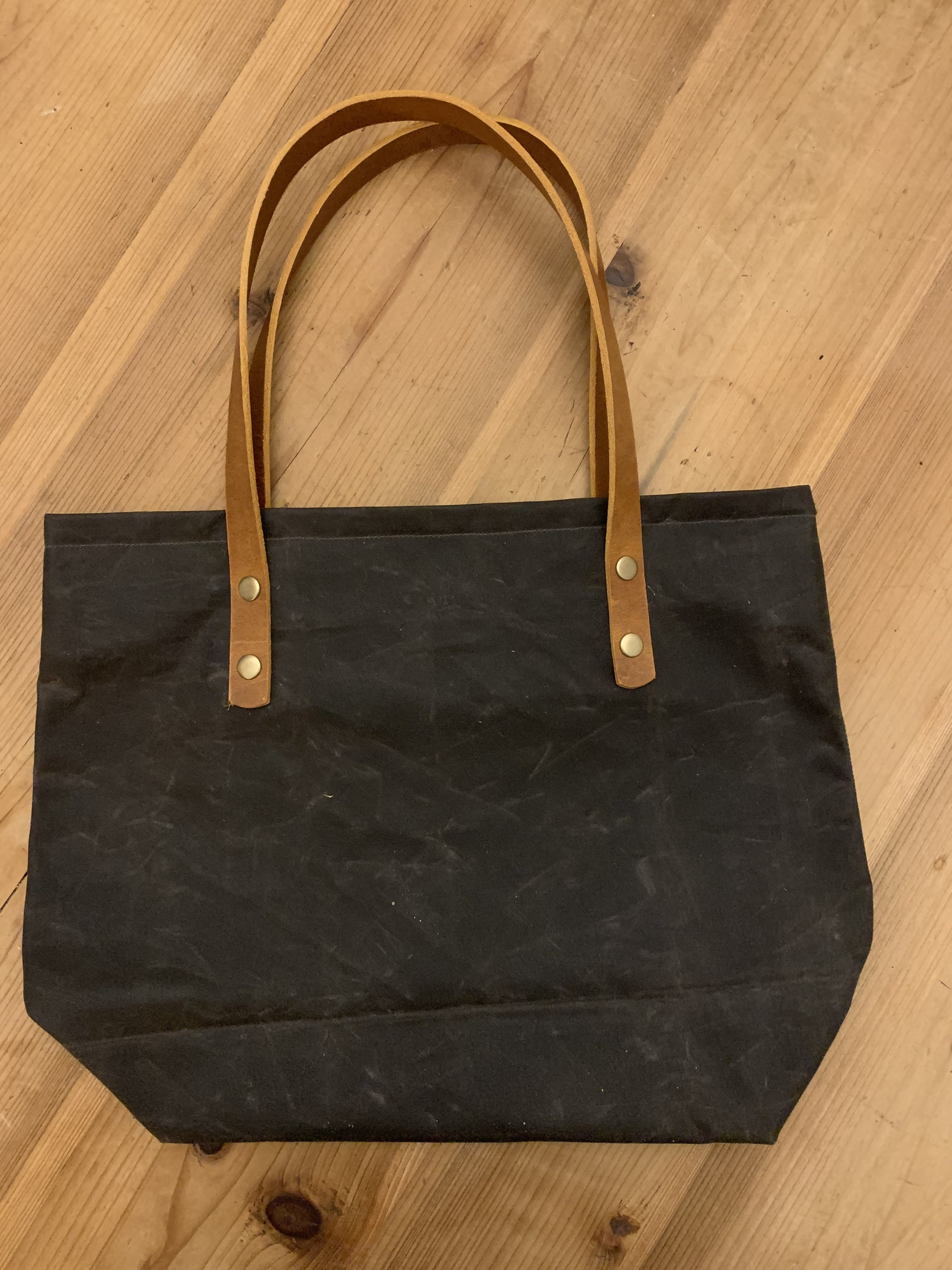Rustic Black and Tan Oilskin waxed Cotton Bag with leather Tan handles/ work bag/ everyday a ...