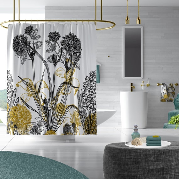 Dahlia Black Gold Hollywood Regency Shower Curtain Gold Hollywood Regency Shower Curtain, Glam Shower Curtain Hollywood