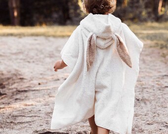 Hasen Badeponcho für Kinder und Babys - Poncho Hase Cremeweiß mit Hasenohren