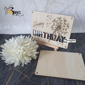 Carte cadeau argent, anniversaire, pissenlit, laser, carte en bois