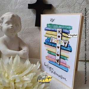 Color stripe card with gold accents and saying for communion, confirmation, baptism, confirmation and youth consecration