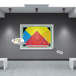 May include: Abstract geometric art print featuring a red, yellow, blue, and black color scheme. The print is framed in a white frame and is hanging on a gray wall in a gallery setting.