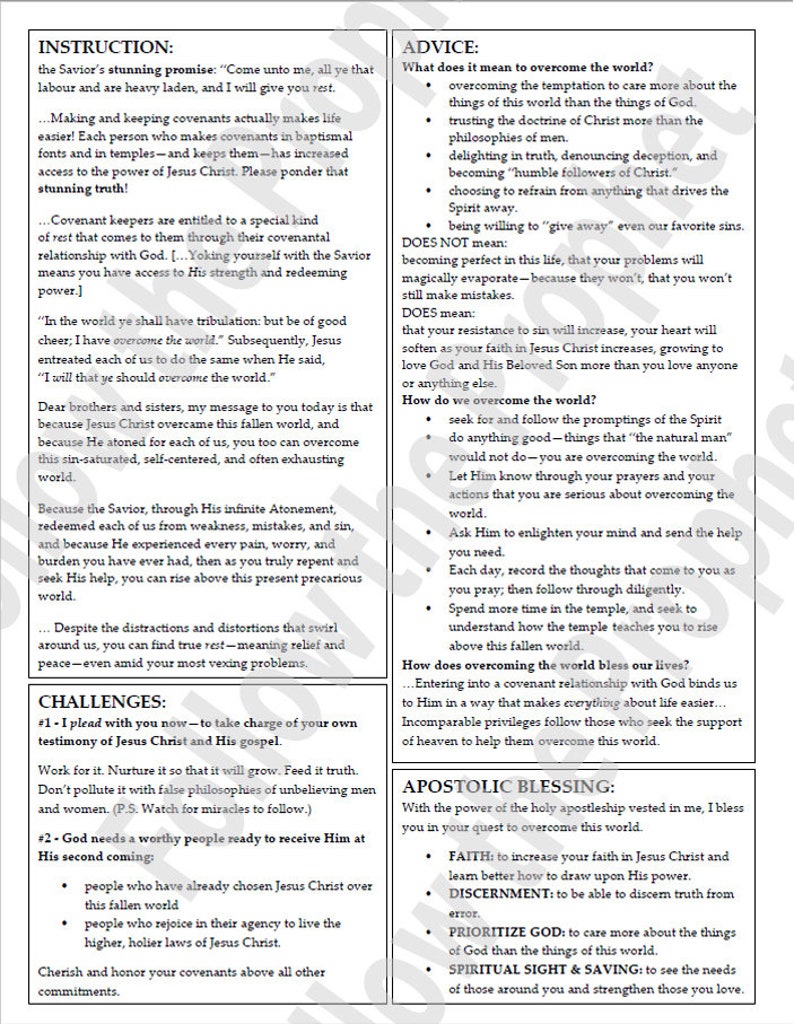 President Nelson: Overcome the World and Find Rest - LESSON WORKSHEET ...