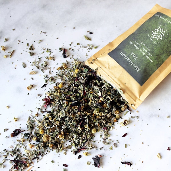 MEDITATION Tea | Third Eye Herbal Tea for Meditation, Gotu Kola Passiflora Chamomile Sage Nettle Hibiscus, Cognitive Boost Tea Blend