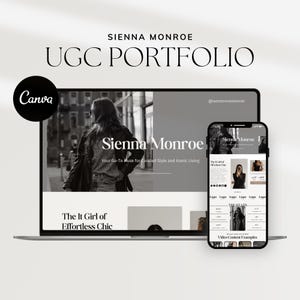May include: A laptop computer screen displaying a website with the text "Sienna Monroe" and "Your Go-To Muse for Curated Style and Iconic Living". The website also features the text "The It Girl of Effortless Chic". A smartphone screen is also visible, displaying a website with the text "Sienna Monroe" and "Video Content Examples".