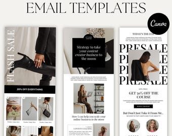 May include: A promotional image for 34 customizable Canva email templates. The design features a black and white color scheme with the words "FLASH SALE" and "20% OFF EVERYTHING". The image also includes the text "Strategy to take your content creator business to the moon".