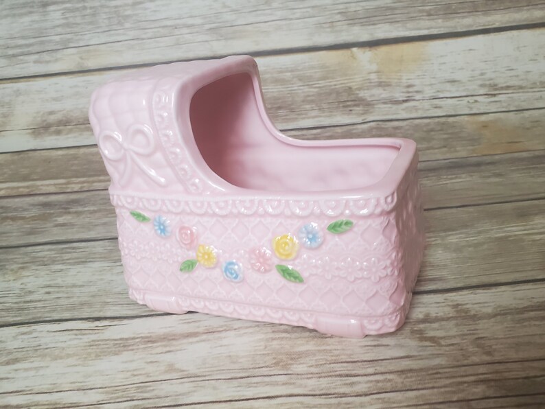 Vintage Napcoware Japan Pink Baby Girl Nursery Planter Bassinet Floral
