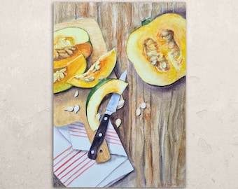 Kitchen Still Life Pumpkin Painting Original Watercolor Food Art Kitchen Wall Art 10x14 inches Hand Painted by Tatiana Agureeva