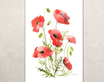 Poppies Painting Original Watercolor Art, Poppy Artwork, Red Flowers Painting 11.5x8" by Hand Painted by Tatiana Agureeva
