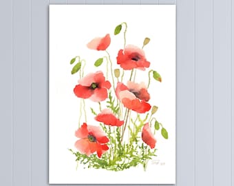 Red Poppies Painting Original Watercolor Art, Poppy Artwork, Red Flowers Painting 11.5x7.5" by Tatiana Agureeva