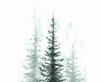 Foggy Forest Original Watercolor Art, Minimalistic Artwork Size A4 Pine Trees Wall Art Misty Forest Painting Hand Painted by AgureevaArt