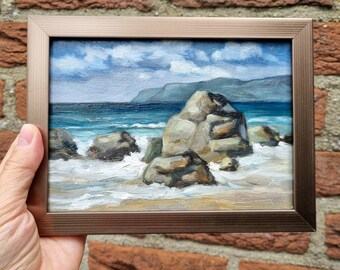 Coastal Painting ORIGINAL Oil Art Rocky Seashore Small Framed Artwork Seascape Wall Art Sea Stones Painting 5x7 inches Hand Painted