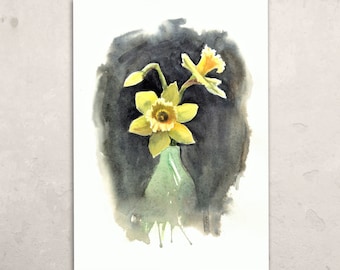Daffodils Watercolor Painting: Original Hand Painted Floral Wall Art, Spring Decor Size A4