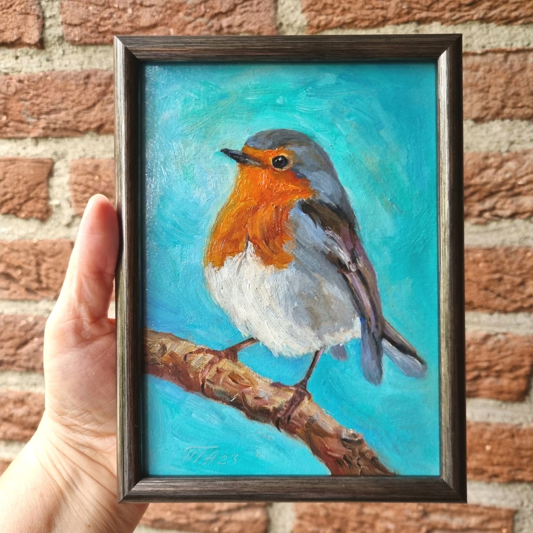 Robin Oil Painting Original Framed Art Bird Small Artwork Cute Etsy