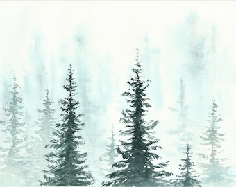 Árboles brumosos Arte original de la acuarela, arte minimalista, arte de la pared del árbol de pino Pintura del bosque brumoso tamaño A4 por Tatiana Agureeva
