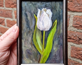Tulip Painting ORIGINAL Oil Art Spring Flowers Decor White Tulip Wall Art Floral Framed Gift 4x6 inches Hand Painted by Tatiana Agureeva