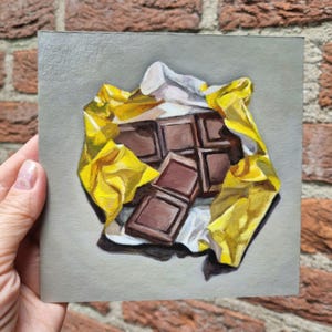 Pintura a óleo de chocolate personalizada, natureza morta original, arte realista de comida, presente para amantes de chocolate, decoração de cozinha, arte artesanal encomendada