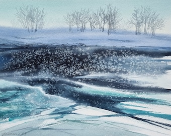 Snow River Painting Original Watercolor Art Frosty River Landscape Artwork Winter Painting Size A4 Hand Painted by Tatiana Agureeva